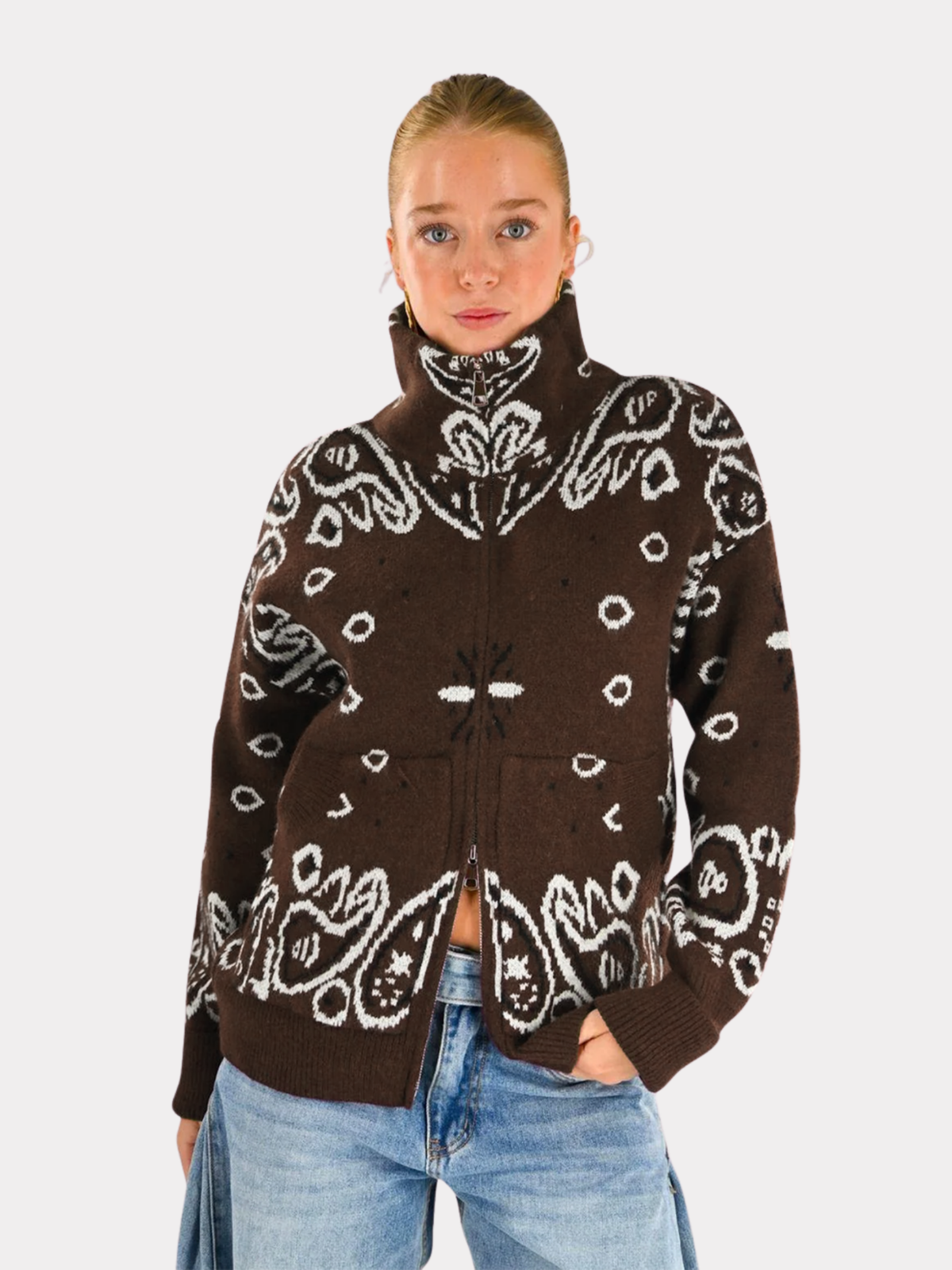 Aspen Bandana-Zipper-Strickpullover – braun
