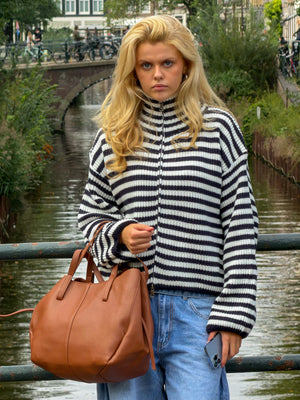 Sweat zippé rayé - bleu marine/blanc