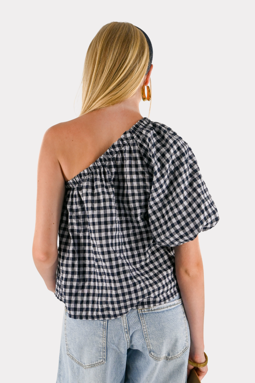 One shoulder check blouse - blauw