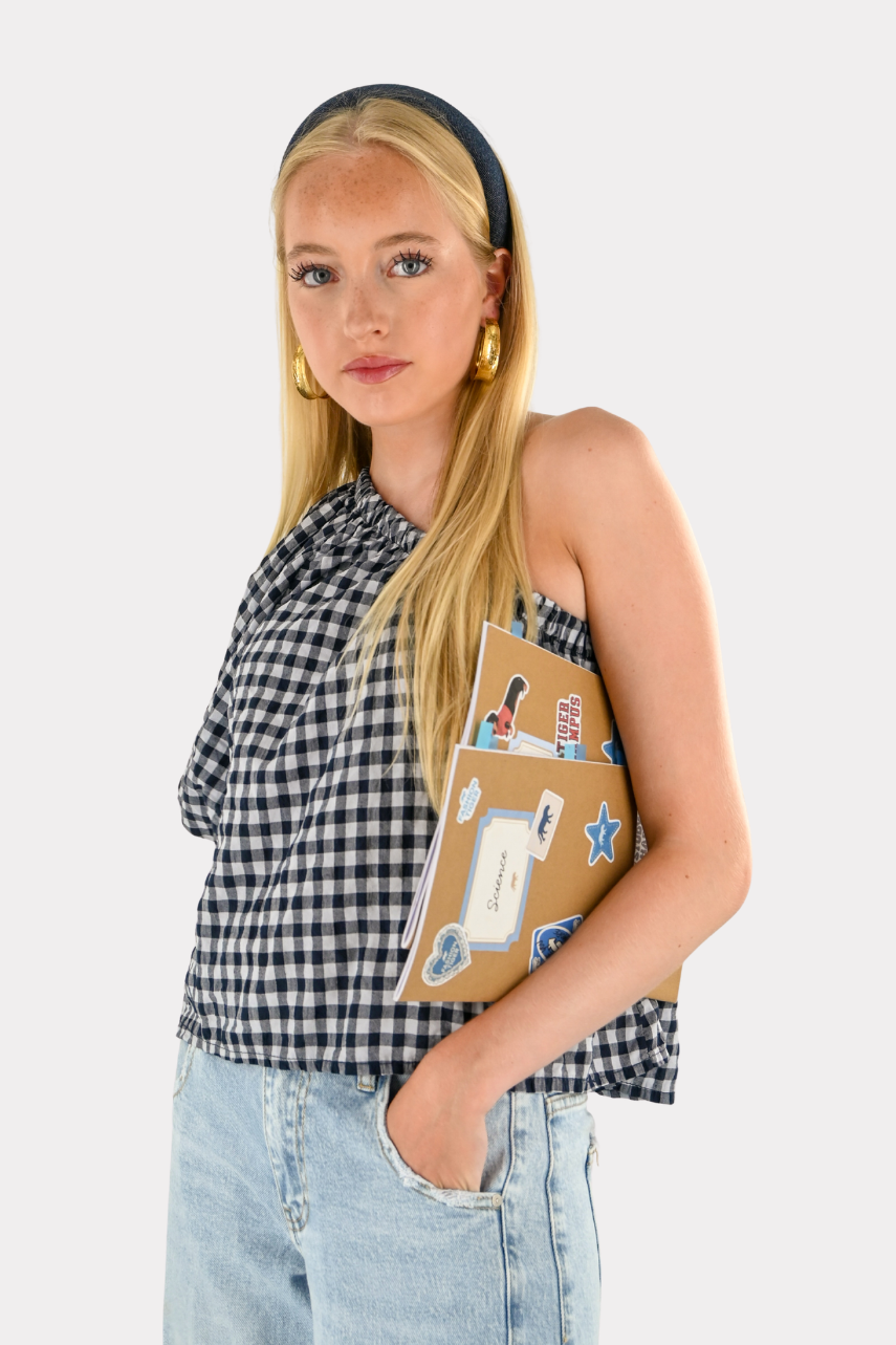 One shoulder check blouse - blauw