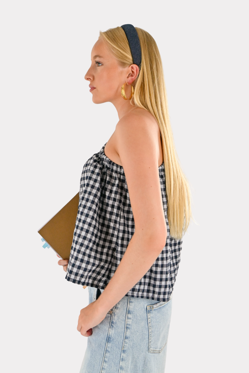 One shoulder check blouse - blauw