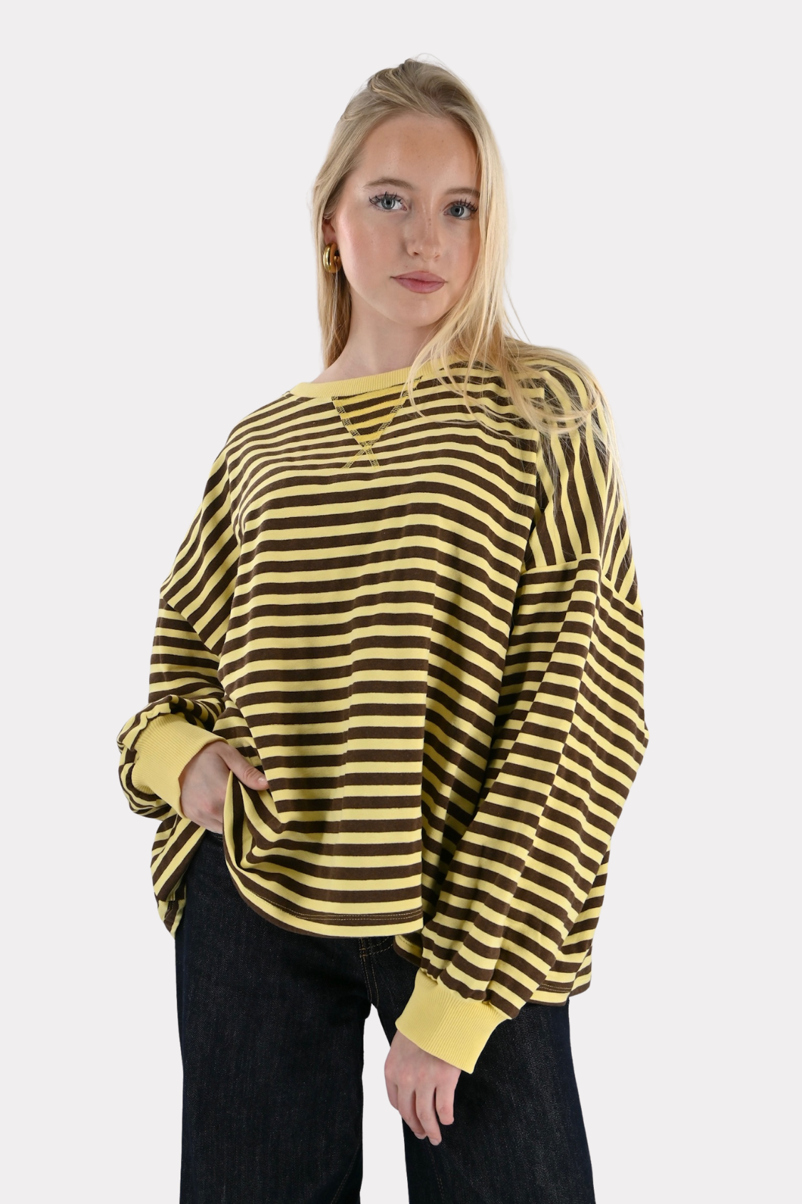 Lore-t-shirt-long-sleeve-striped-geel/bruin-fashiontiger