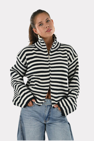 Sweat zippé rayé - bleu marine/blanc