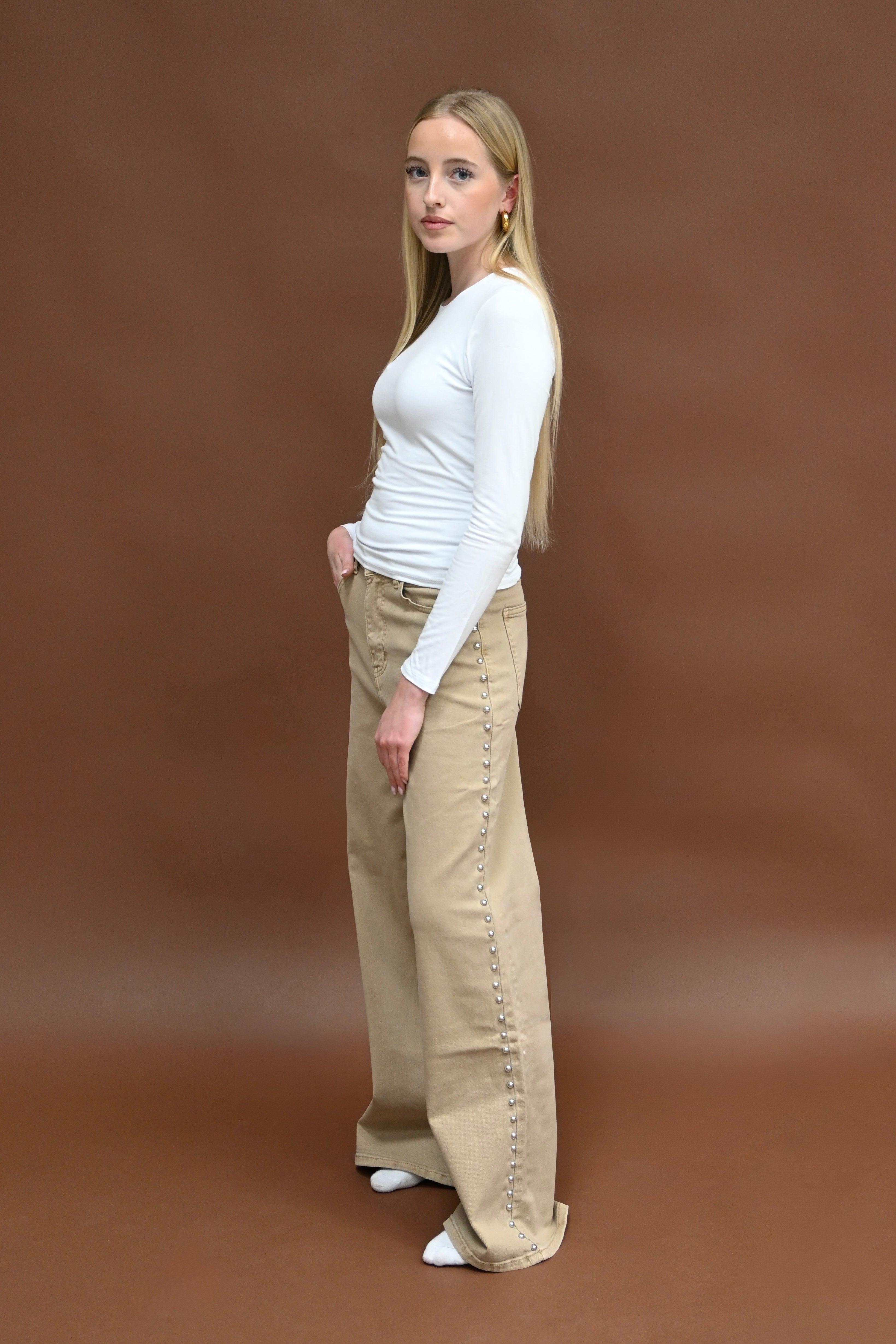 Studded wide leg jeans - taupe