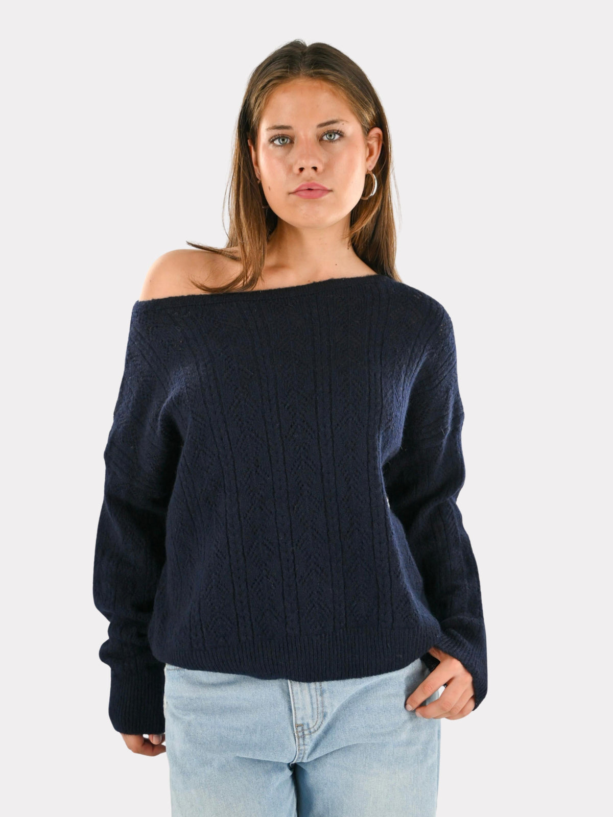 Lola Off-Shoulder-Strickpullover - Marineblau