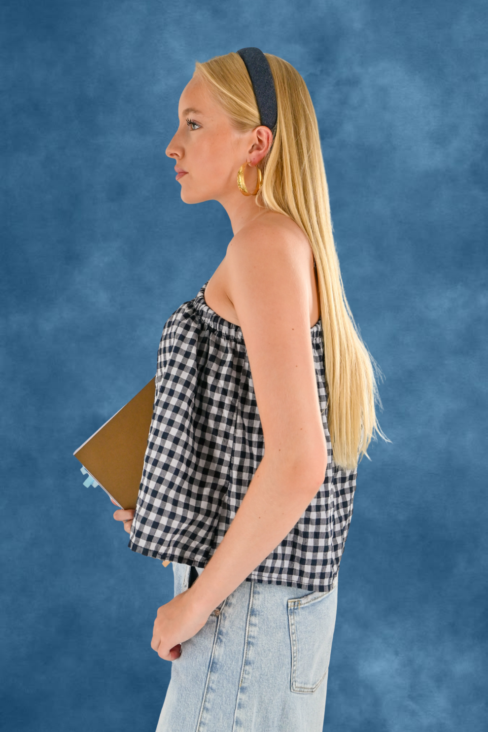 One shoulder check blouse - blauw