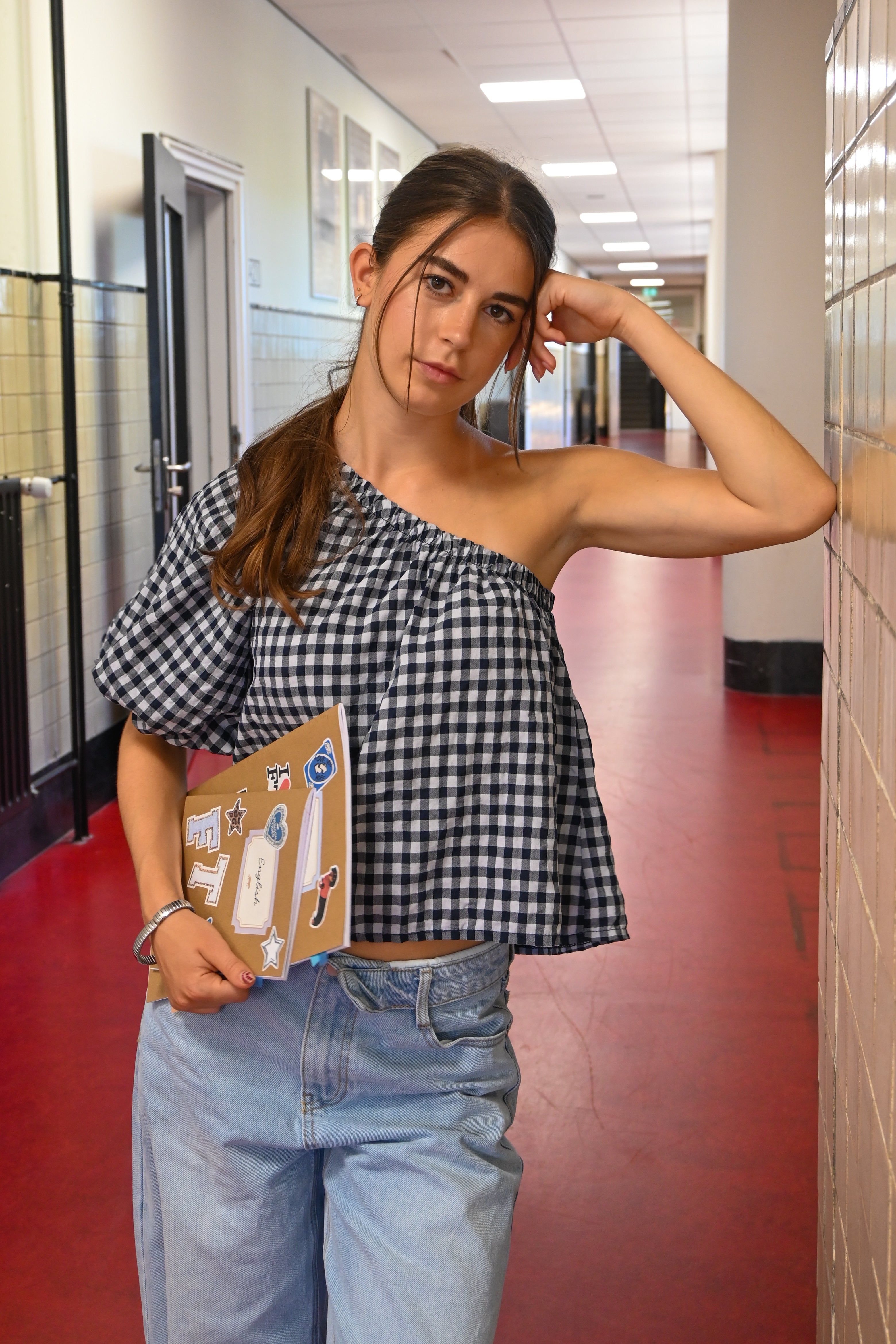 One shoulder check blouse - blauw