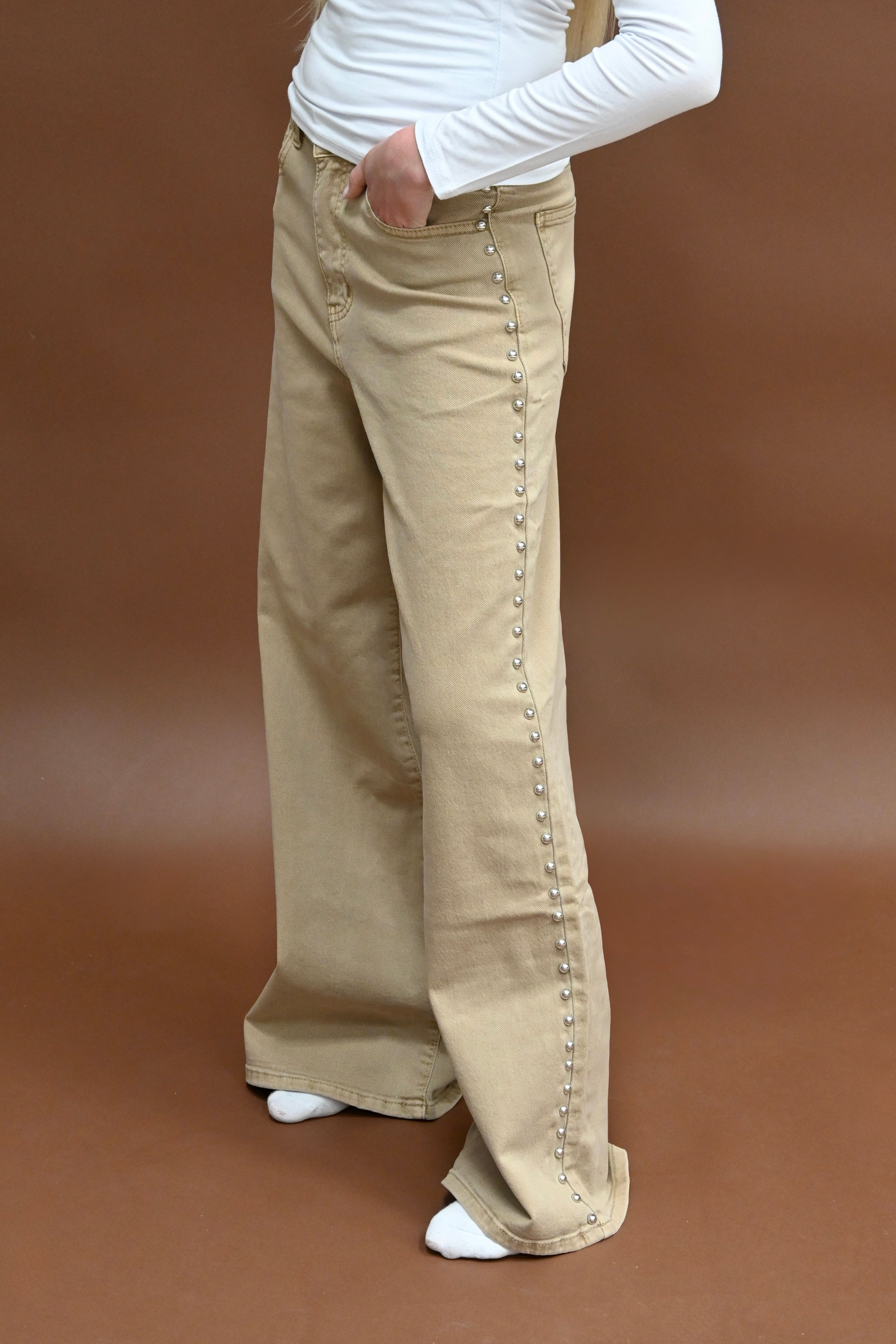 Studded wide leg jeans - taupe