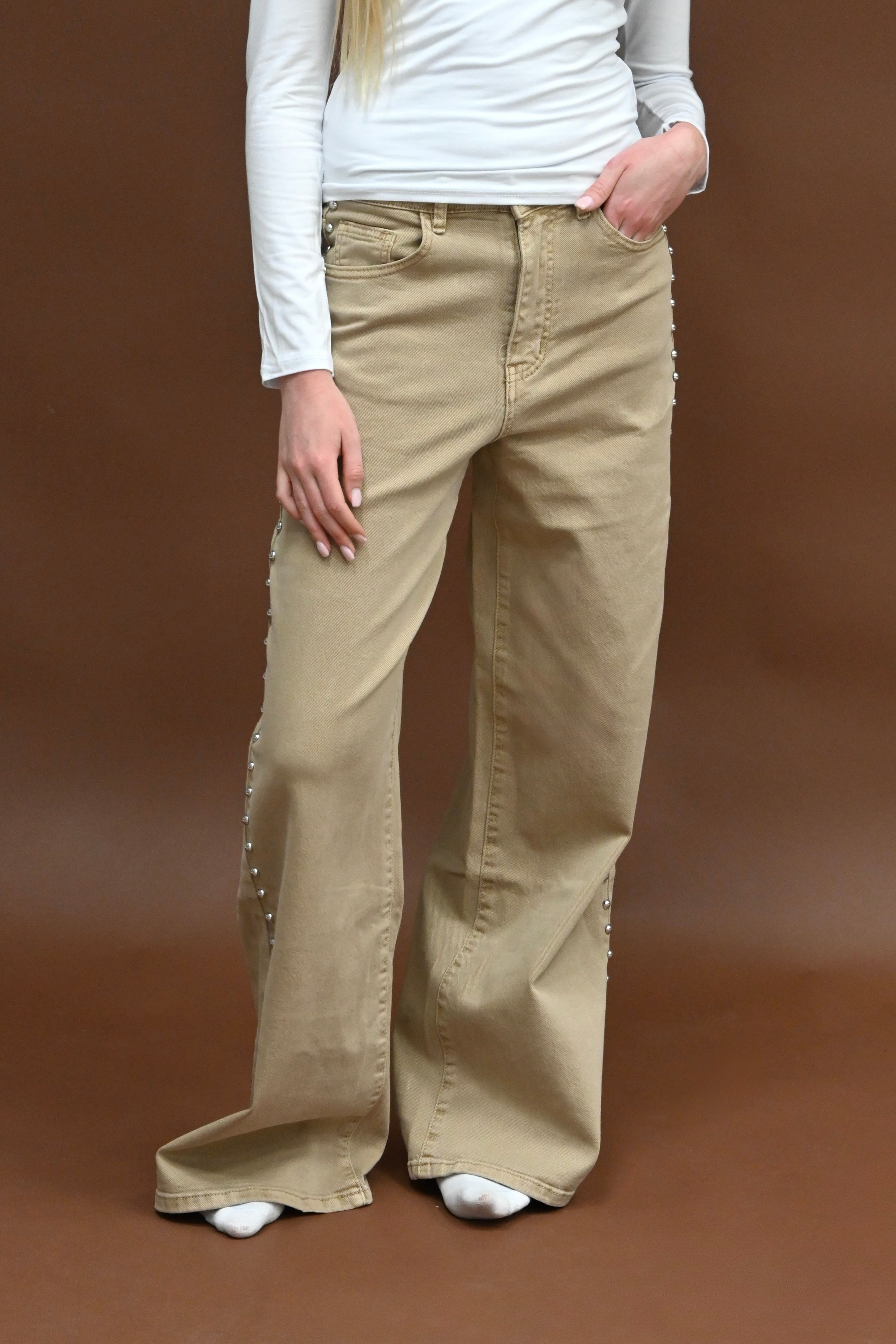 Studded wide leg jeans - taupe