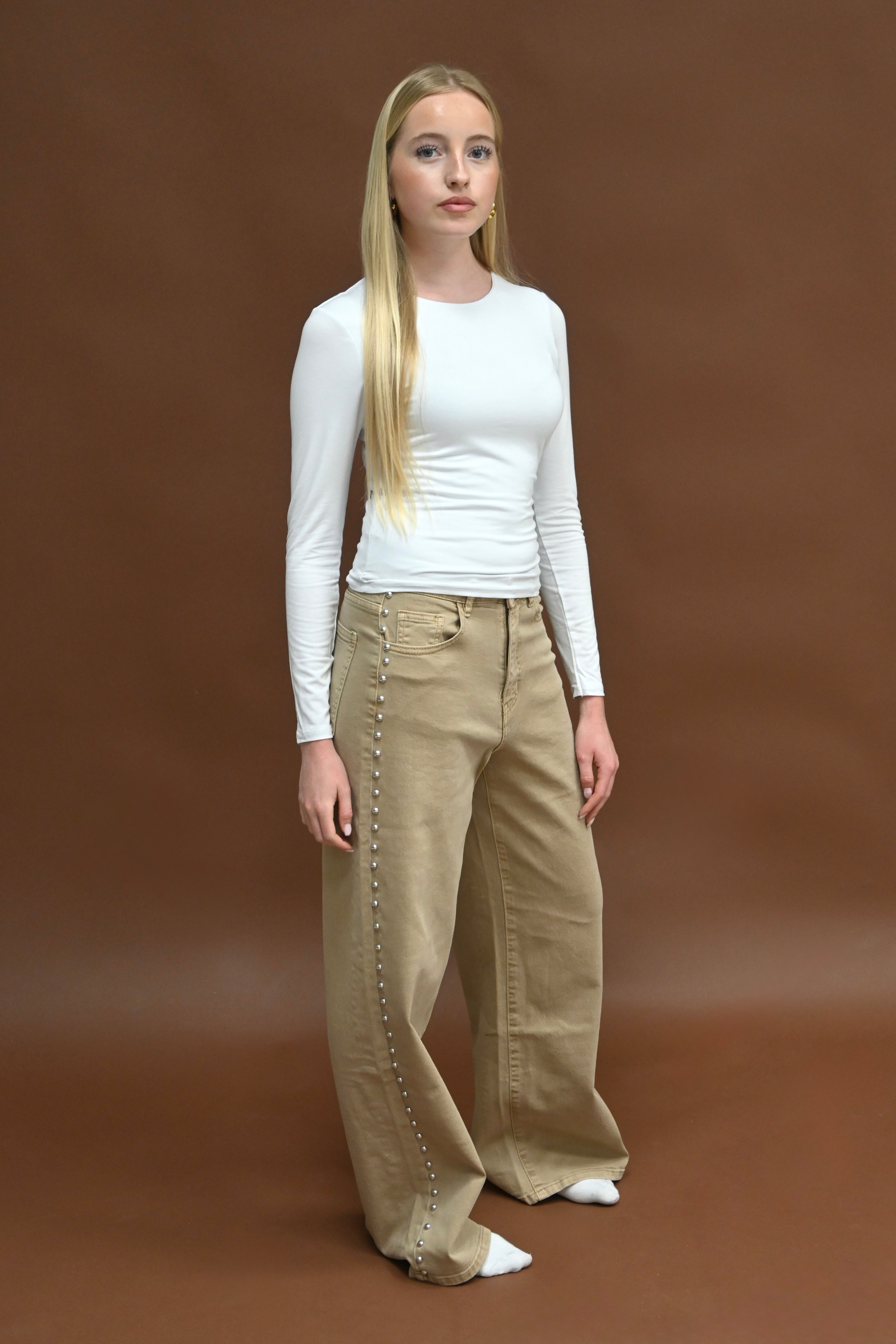Studded wide leg jeans - taupe