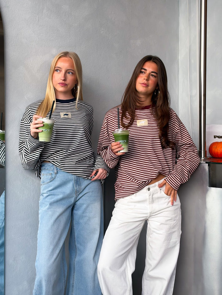 Tiger-Longsleeve mit Streifen – Bordeaux/Weiß