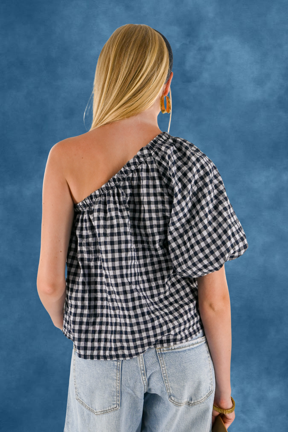 One-shoulder check blouse - blue - Fashiontiger 6