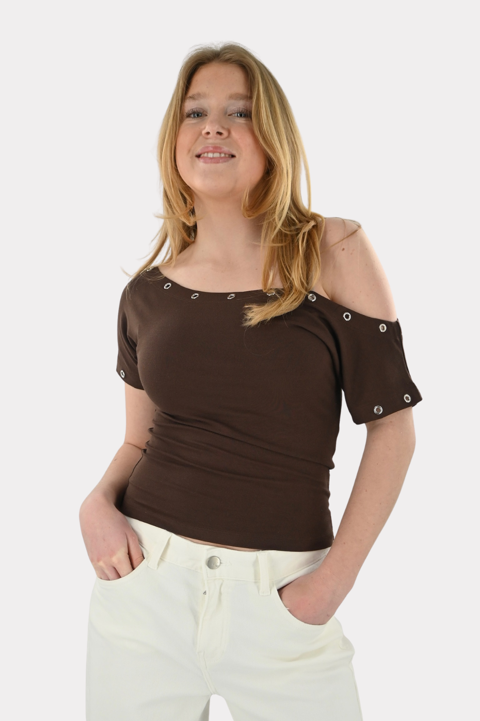 Studs off the shoulder shirt - bruin - Fashiontiger 2